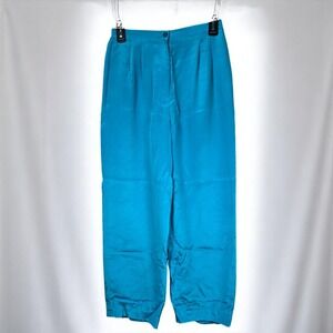Josephine Chaus Pants Women 4 Blue Straight‎ High Rise 100% Silk Pleated Lined